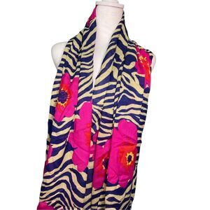 Joan Rivers Womens Wild Poppies Scarf Navy Fuchsia Zebra Pattern 26"x72" NWT